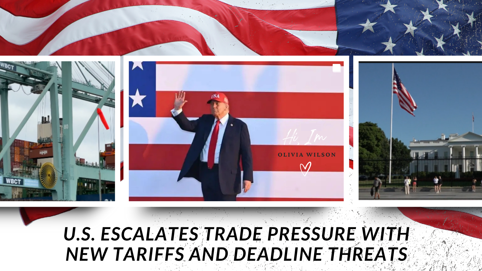 President Trump addressing global trade negotiations with U.S. and international flags in the background