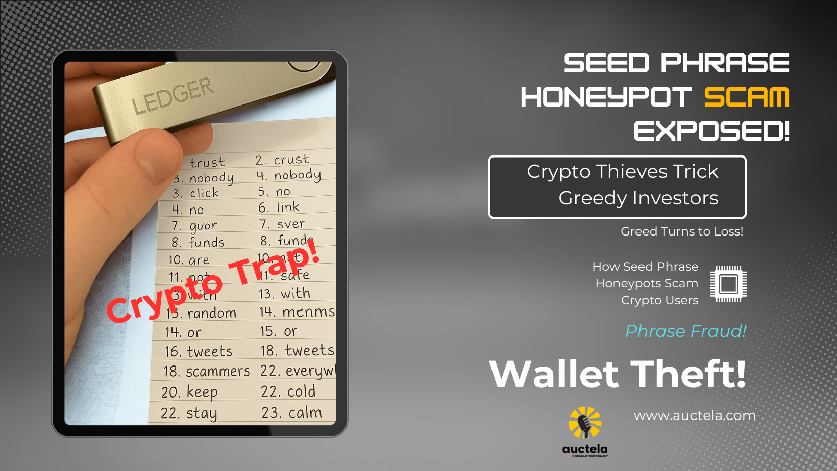 Tablet screen displaying a file labeled 'Crypto Traps' with a shadowy hacker figure in the background, symbolizing a crypto wallet scam.
